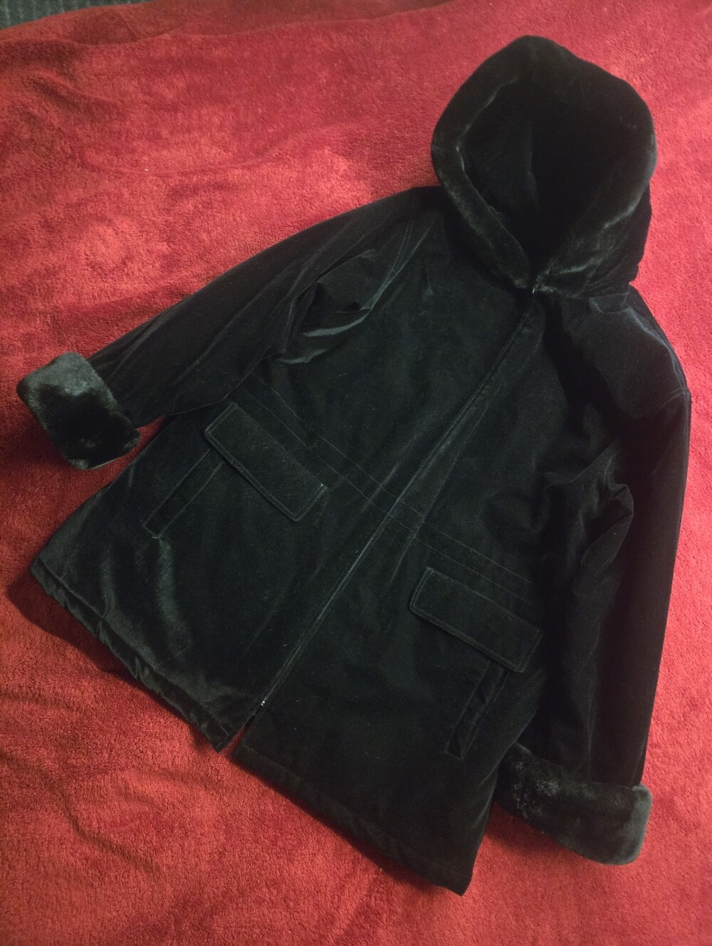Black Hooded Velvet And Fur Coat